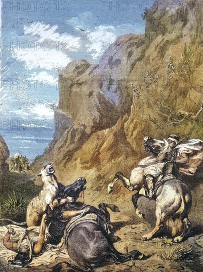 Cougar attacks two Arab horsemen, 1868, Arabia, Historic, digitally restored reproduction of an