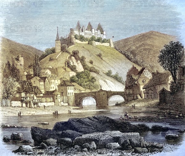 Ruin of Vianden Castle in Luxembourg, 1886, Historic, digitally restored reproduction of a 19th