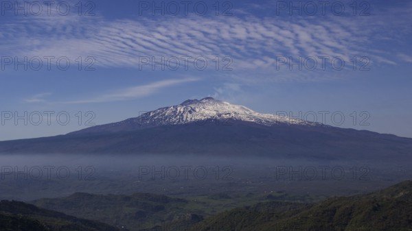 Altocumulus clouds, spring, green landscape, Etna, snow-capped peak, volcano, Eastern Sicily,
