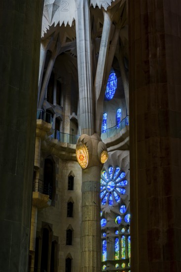 Interior view of the Familia Sagrada by the architect Antonio Gaudi in Barcelona, Spain, Europe