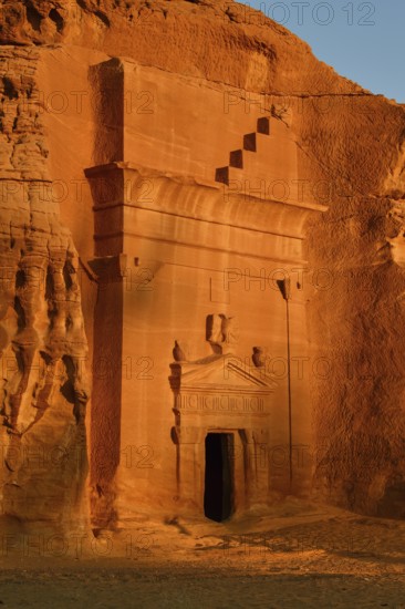 Nabataean tomb at Djabal Khraymat in first daylight, Hegra or Mada'in Salih, AlUla region, Medina
