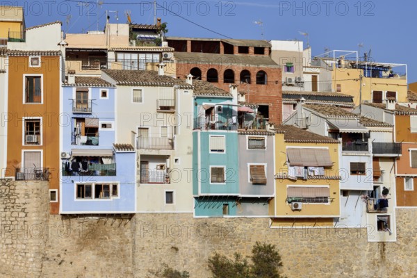 Colourful house facades, La Vila Joiosa, Villajoiosa, Costa Blanca, Valencian Country, Spain,
