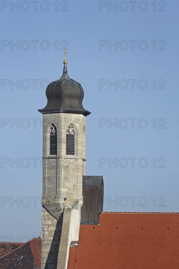 Tower and roof of St John's Church, spire, detail, Rothenburg ob der Tauber, Tauberfranken,