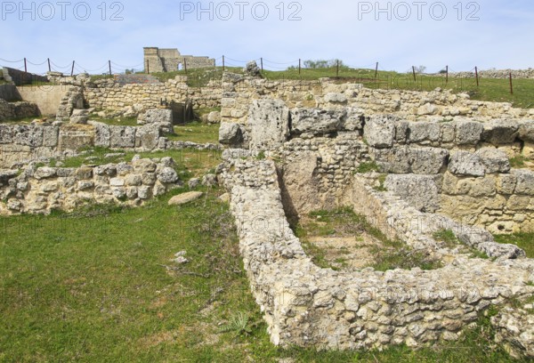 Domus building ruins of Acinipo Roman archaeological site, Ronda la Vieja, Cadiz province, Spain,