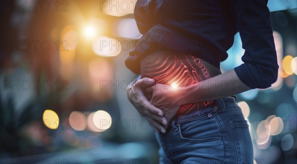 A woman is holding her stomach, stomach pain during menstruation or constipation or other illness,