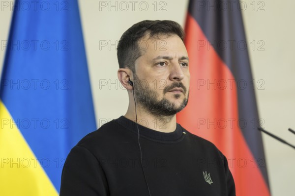 Volodymyr Zelensky (President of Ukraine) gives a press statement together with Olaf Scholz at the