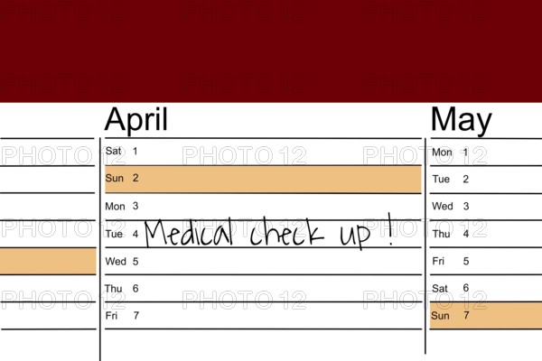 Symbolic image: Appointment diary with note for preventive medical check-up (English)