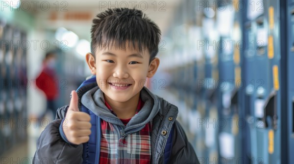 Cute asian school boy giving a thumbs up in the hallway of his school. generative AI, AI generated