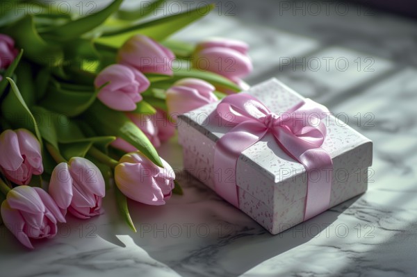 Gift Box with Pink Ribbon Beside bouquet of Fresh Tulips. Background for Valentine day, March 8,