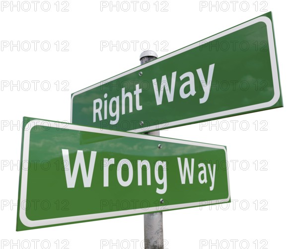 Right way, wrong way 2 way green road sign isolated on white