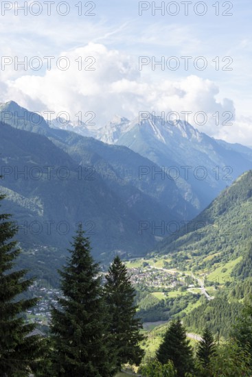 View of the valley below the San Bernardino Pass, San Bernardino, Canton Ticino, Switzerland,