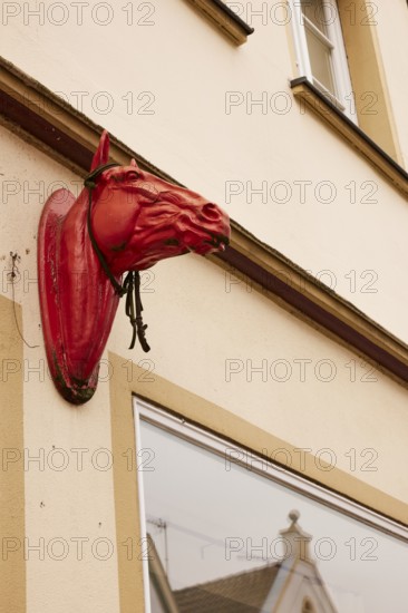 Horse head for decoration on a façade in Warendorf, Warendorf district, North Rhine-Westphalia,