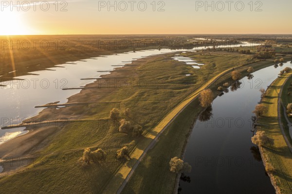 Aerial view of channel Gnevsdorfer Vorfluter and river Elbe at sunset, between Wittenberge and