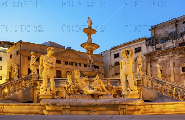 Praetorian Fountain by night, Piazza Pretoria, Palermo, Sicily, Italy, Europe
