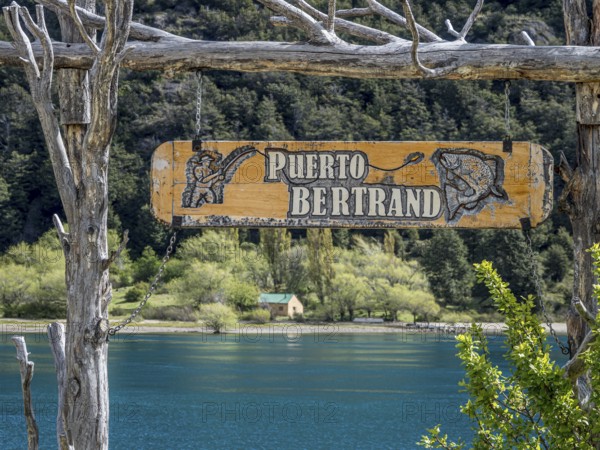 Village Puerto Bertrand at river Rio Baker, information sign, Patagonia, Chile, South America