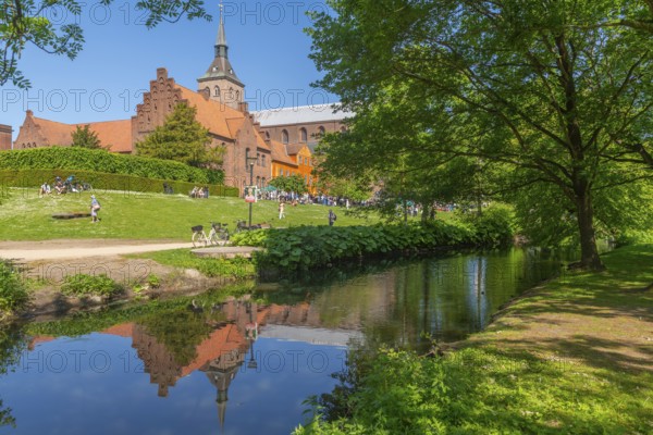 Odense, green area, monastery, brick building, stepped gable, tower of the cathedral church, St.