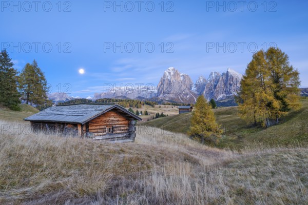 Autumn on the Seiser Alm, Alpine huts with Plattkofel and Langkofel, blue hour, full moon,