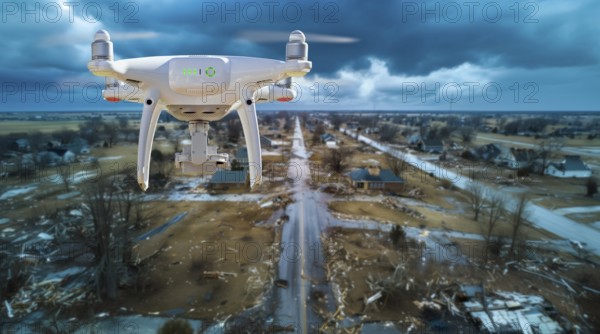 Quadcopter UAV search and rescue SAR drone flying A search above A tornado path of destruction, AI