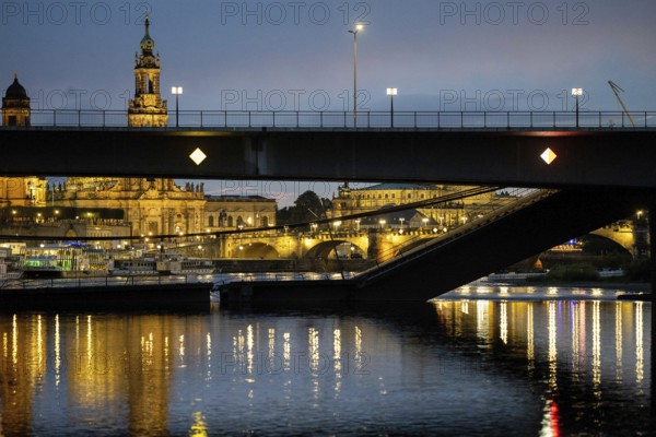 Partial collapse of the Carola Bridge in Dresden with the Church of Our Lady and Semperoper in the
