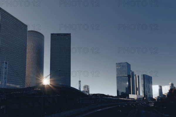 Israel, Tel Aviv financial business district skyline includes shopping malls and high tech offices,