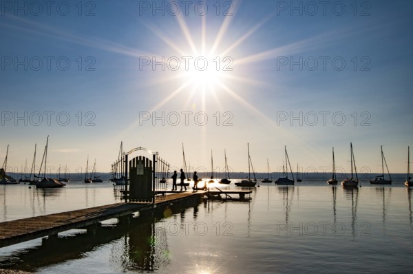 Jetty on the Lake Ammer backlit, Bavaria, Germany, Europe