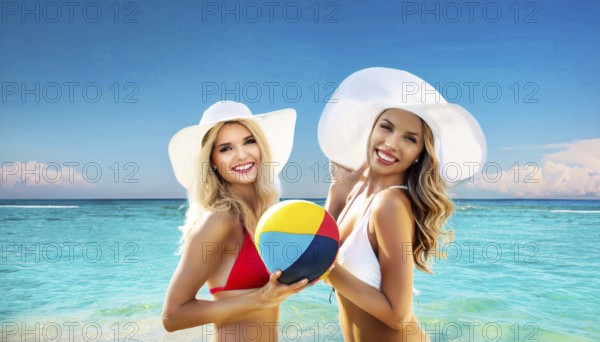 Two young woman in sun hats playing with a beach ball on the beach in the Caribbean