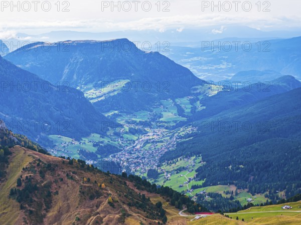 The village of Ortisei in Val Gardena, drone shot, Val Gardena, Dolomites, Autonomous Province of