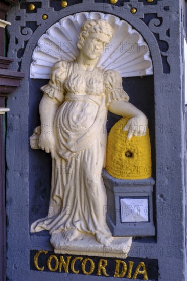 Symbolic figure Concordia, Eintracht, portal detail on the town hall Münden, Weser Renaissance,