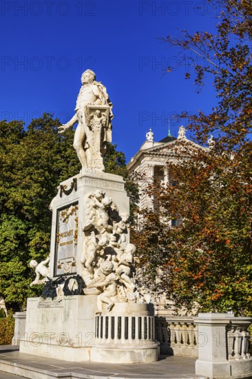 Mozart monument in the Burggarten, behind the façade of the House of Austrian History, Burggarten,