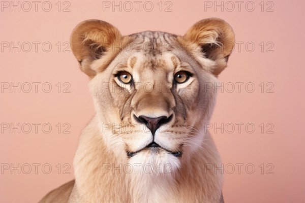 Portrait of female lioness in front of peach colored studio background. KI generiert, generiert AI