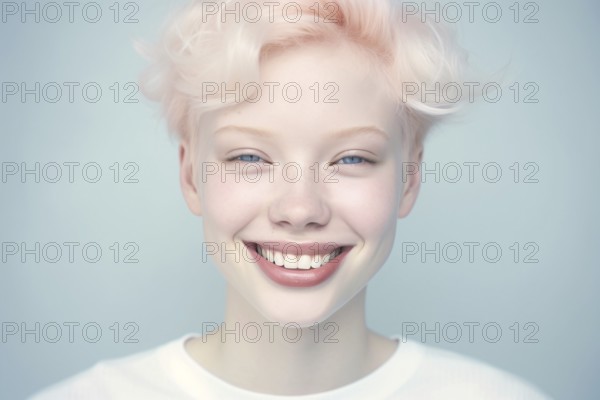 Portrait of happy woman with white hair and white lashes caused by Albinism. KI generiert,