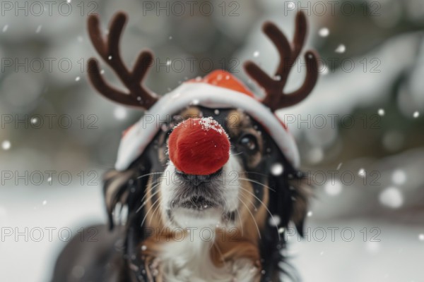 Dog with funny red nose and reindeer costume antlers in snow. Generative Ai, AI generated