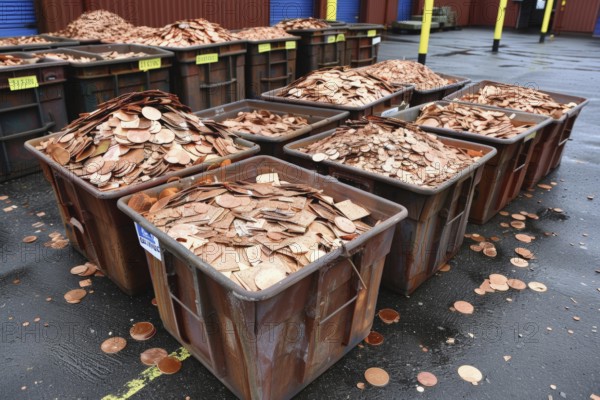 Scrap metal, scrap of stamped copper parts in containers at a scrap yard, recycling company for