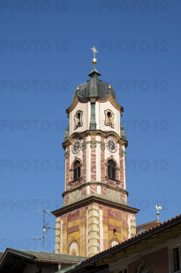 Church tower, Church of St Peter and Paul, Mittenwald, Werdenfelser Land, Upper Bavaria, Bavaria,