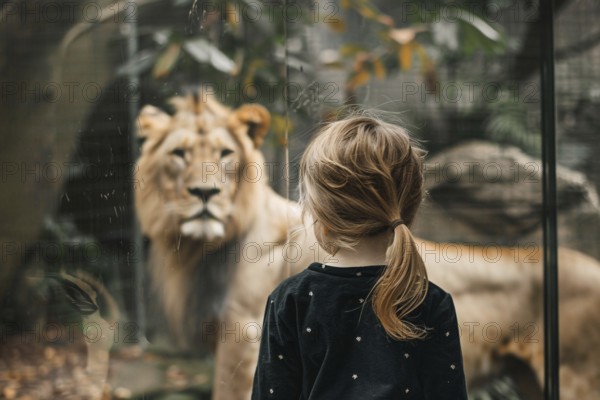 Back view of young girl child watching lion in zoo behind glass. Generative AI, AI generated