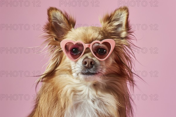 Cute small Chihuahua dog with pink heart shaped glasses on pastel pink background. Generative Ai,
