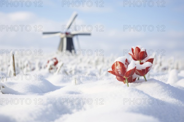 Red tulip spring flowers covered in snow with blurry traditional Dutch windmill in background. KI