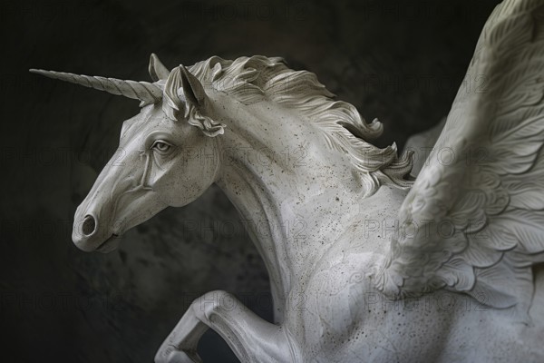 Sculpture of beautiful Pegasus with unicorn horn. KI generiert, generiert, AI generated