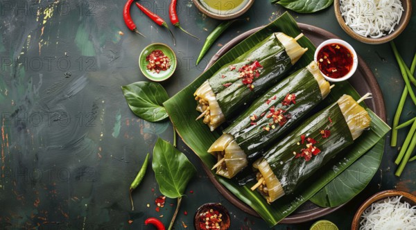 Traditional mexican cuisine food. Tamale with banana leaves. Concept of a healthy diet, AI