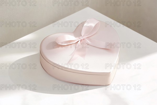Heart shaped light pink Valentine's Day gift box with ribbon. Generative AI, AI generated