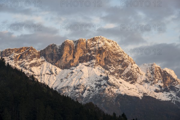 Mountain peak Berchtesgadener Hochthron at sunrise, mountain landscape with snow in autumn,
