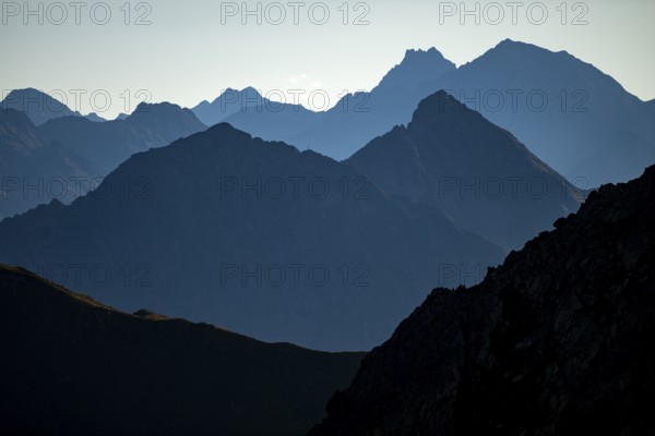 Blue hour over Montafon mountains, Tschagguns, Rätikon, Montafon, Vorarlberg, Austria, Europe