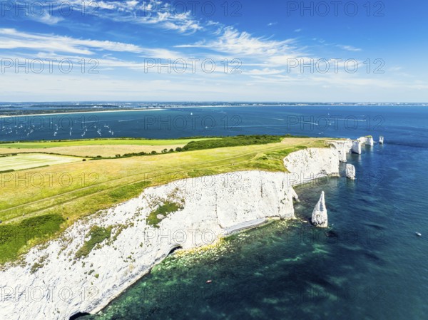 White Cliffs of Old Harry Rocks Jurassic Coast from a drone, Dorset Coast, Poole, England, United
