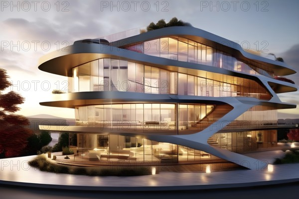 KI generated architectural structure melding computer aided design illustrations with genuine