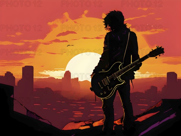 Illustration of a rock star silhouette clutching guitar against abstract urban skyline morphing