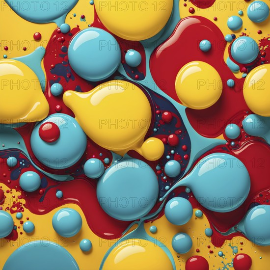 Abstract image with vibrant blue and red blobs and liquid shapes on a yellow background, AI