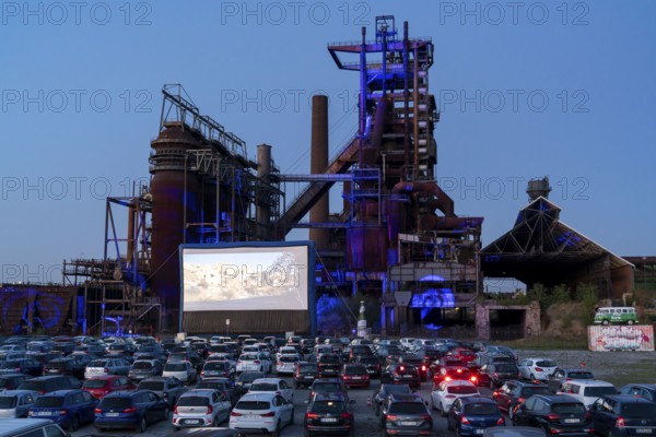 Drive-in cinema Dortmund, against the backdrop of the former blast furnace plant Phönix-West in