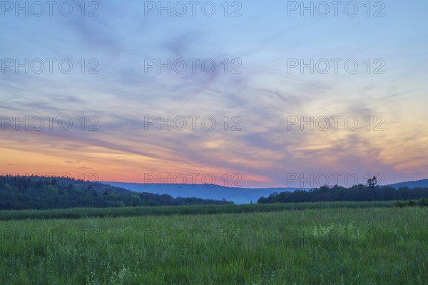 Green field with trees in the background under a dramatically illuminated sunset, the sky is bathed