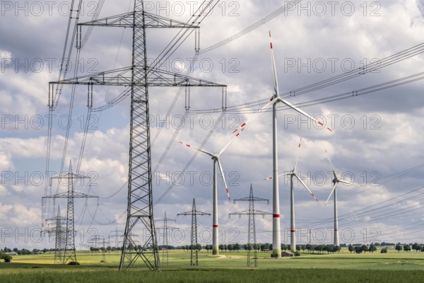Wind farm north-east of Marsberg, Hochsauerlandkreis, high-voltage line, electricity pylons, North