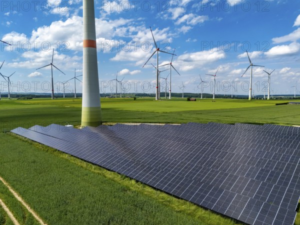 Wind farm near Marsberg, photovoltaic system, utilisation of land for renewable energies,